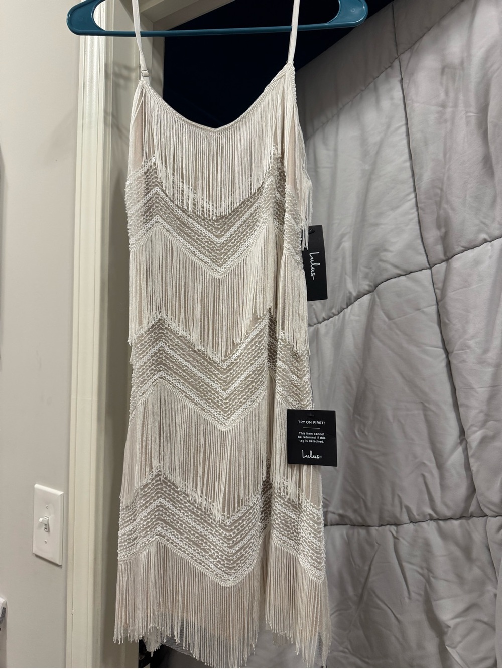Lulu's Ivory Fringe Sequin Slip Dress